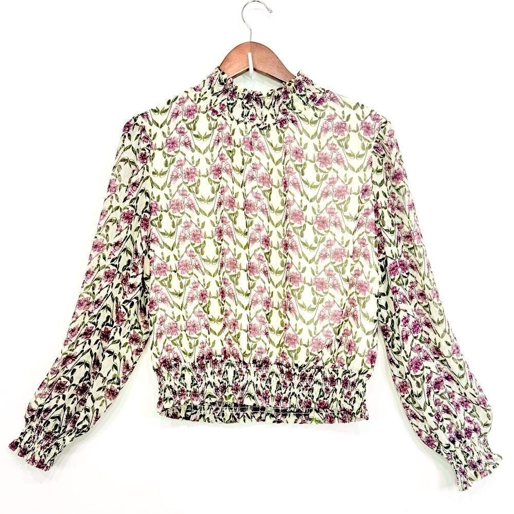 Lost + Wander White Purple Floral Smocked Semi Sheer Lined Popover Blouse